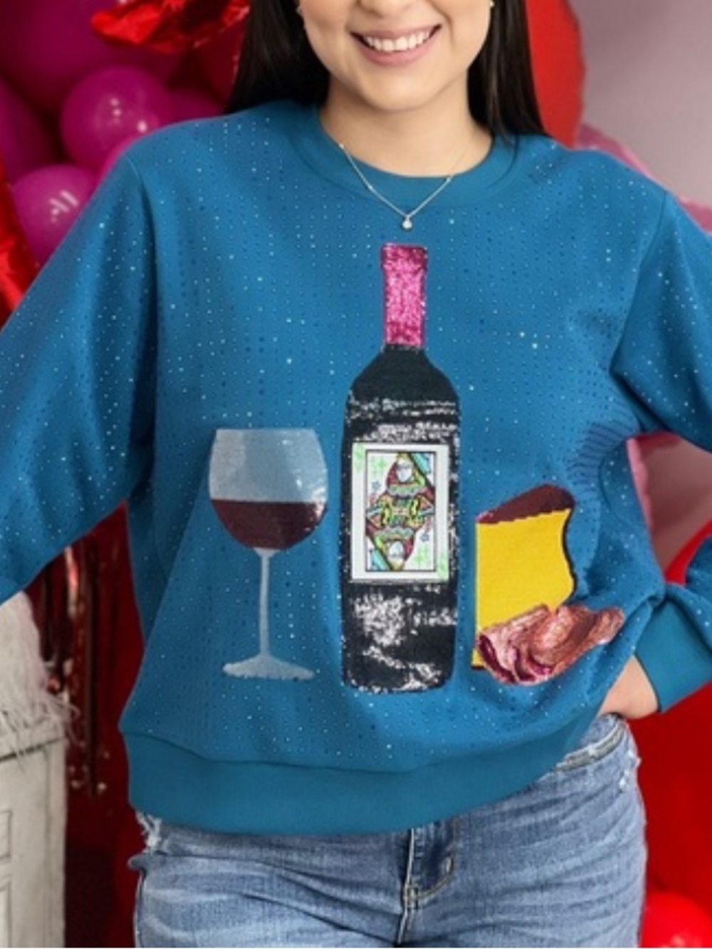 Queen of Sparkles teal sweatshirt sequins wine bottle & glass cheese XS Like New